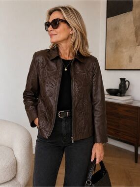 Etcetera Brown Leather Jacket Size 12 Floral Appliqué Zip Front Genuine Leather